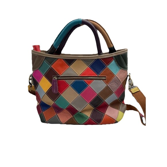Heshe Handbag Patchwork Leather Satchel Shoulder Bag Multicolor Colorful Purse - Picture 3 of 12